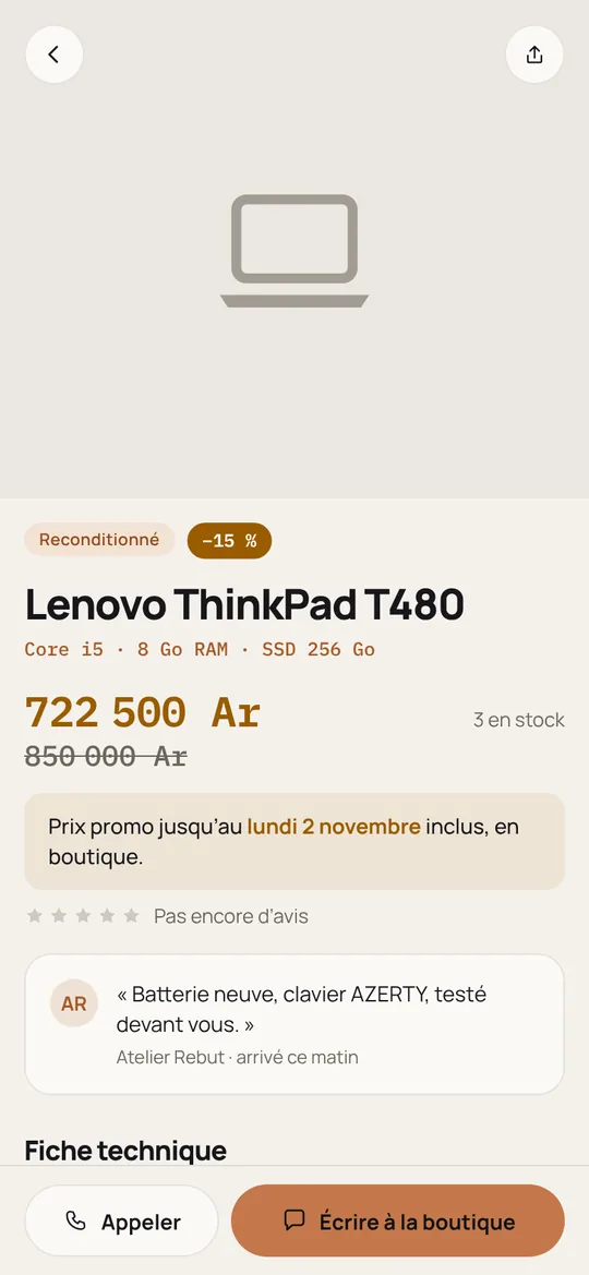 Fiche d’un article en promo, vue par un acheteur